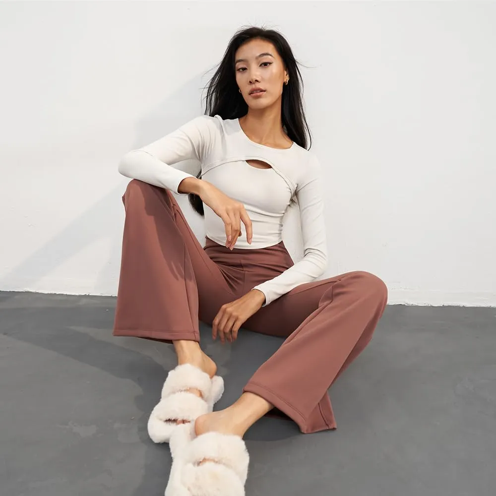 Women Fleece Lined Flare Leggings Winter Thermal Warm Yoga Pants Workout Tummy Control Wide Leg Pants SLP5T492T