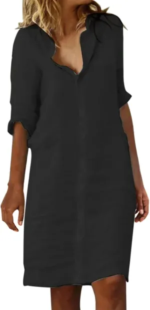Women Linen Dress Loose Flowy Half Sleeve Button Down Resort Dresses Homecoming Solid Cruise Outfits for Women 2025