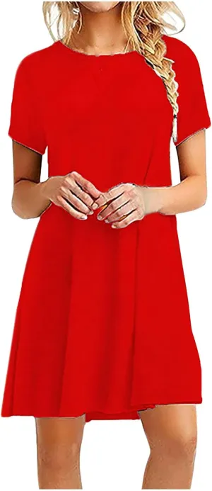 Women Midi Dress Solid Classy Cotton Short Sleeve Crew Neck T Shirt Dress Party Holiday Gauze Outfits for Women