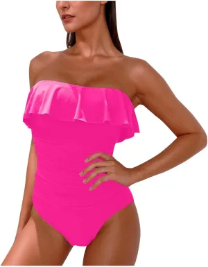 Women One Piece Swimsuits Slim Ruffle Halter Bathing Suit Adjustable Removable Straple Padded Shapewear Swimwear