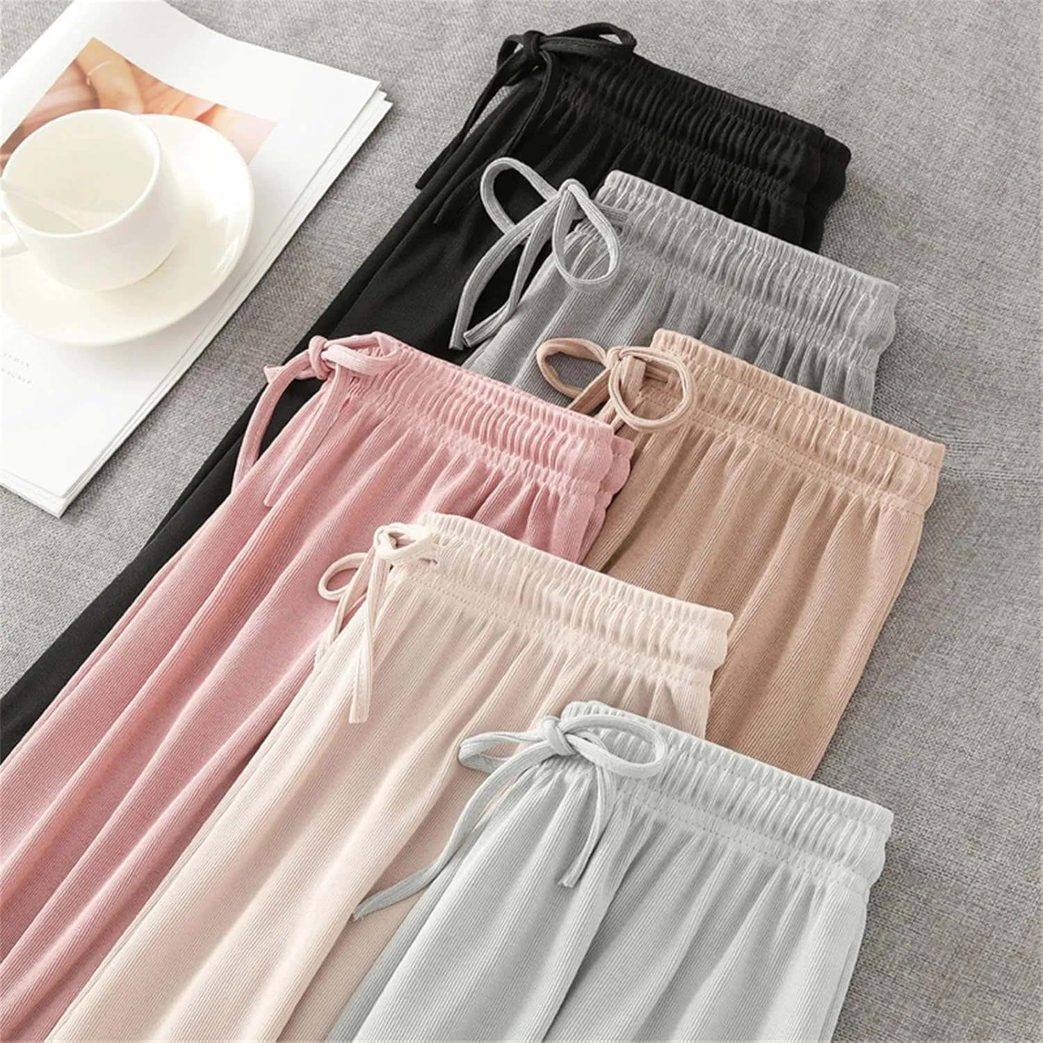 Women Pants Spring Summer Ice Silk Wide Leg Pants High Waist Casual Female Slim Loose Straight Black Trousers
