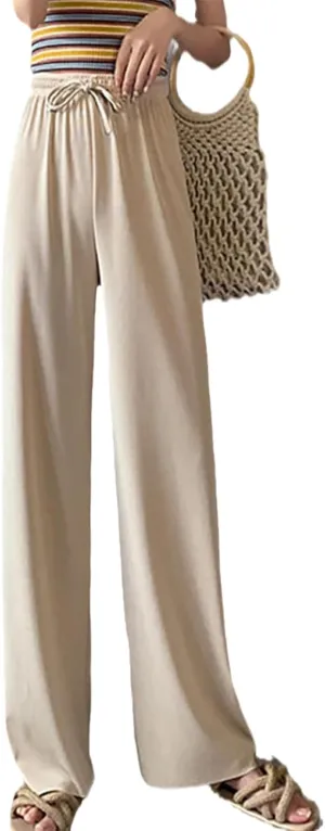 Women Pants Spring Summer Ice Silk Wide Leg Pants High Waist Casual Female Slim Loose Straight Black Trousers