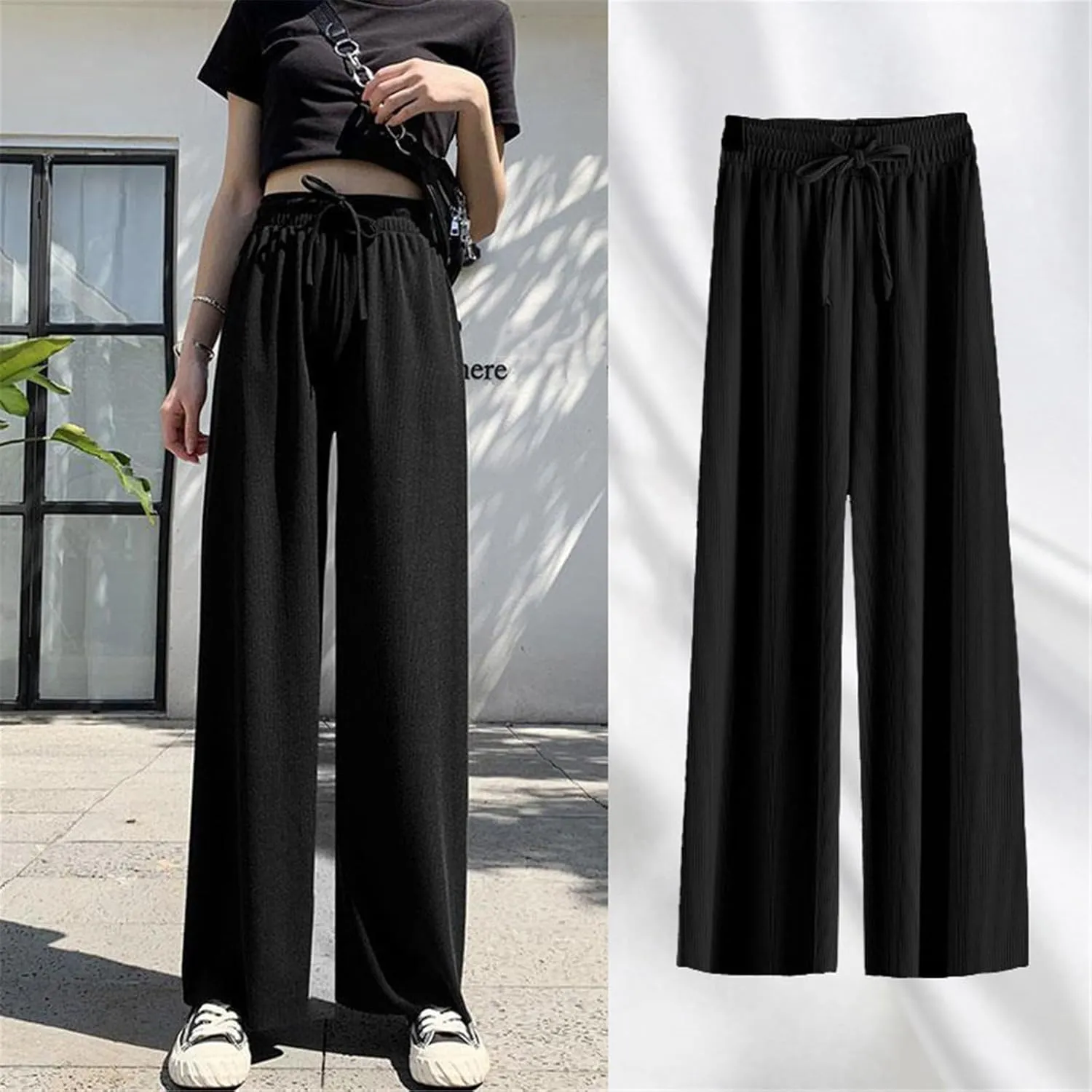 Women Pants Spring Summer Ice Silk Wide Leg Pants High Waist Casual Female Slim Loose Straight Black Trousers
