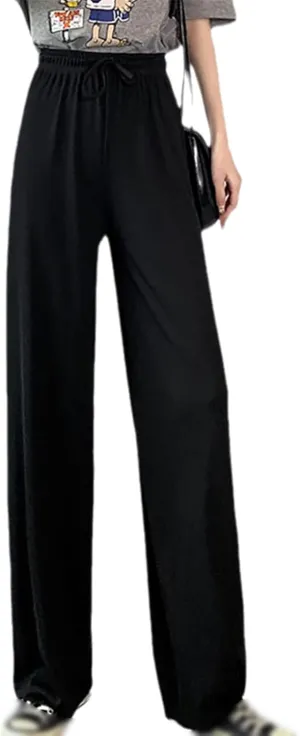 Women Pants Spring Summer Ice Silk Wide Leg Pants High Waist Casual Female Slim Loose Straight Black Trousers