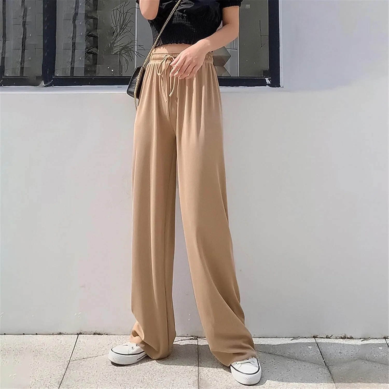 Women Pants Spring Summer Ice Silk Wide Leg Pants High Waist Casual Female Slim Loose Straight Black Trousers