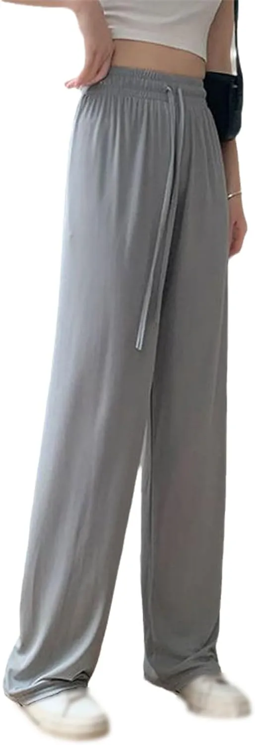 Women Pants Spring Summer Ice Silk Wide Leg Pants High Waist Casual Female Slim Loose Straight Black Trousers
