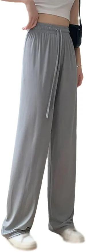 Women Pants Spring Summer Ice Silk Wide Leg Pants High Waist Casual Female Slim Loose Straight Black Trousers