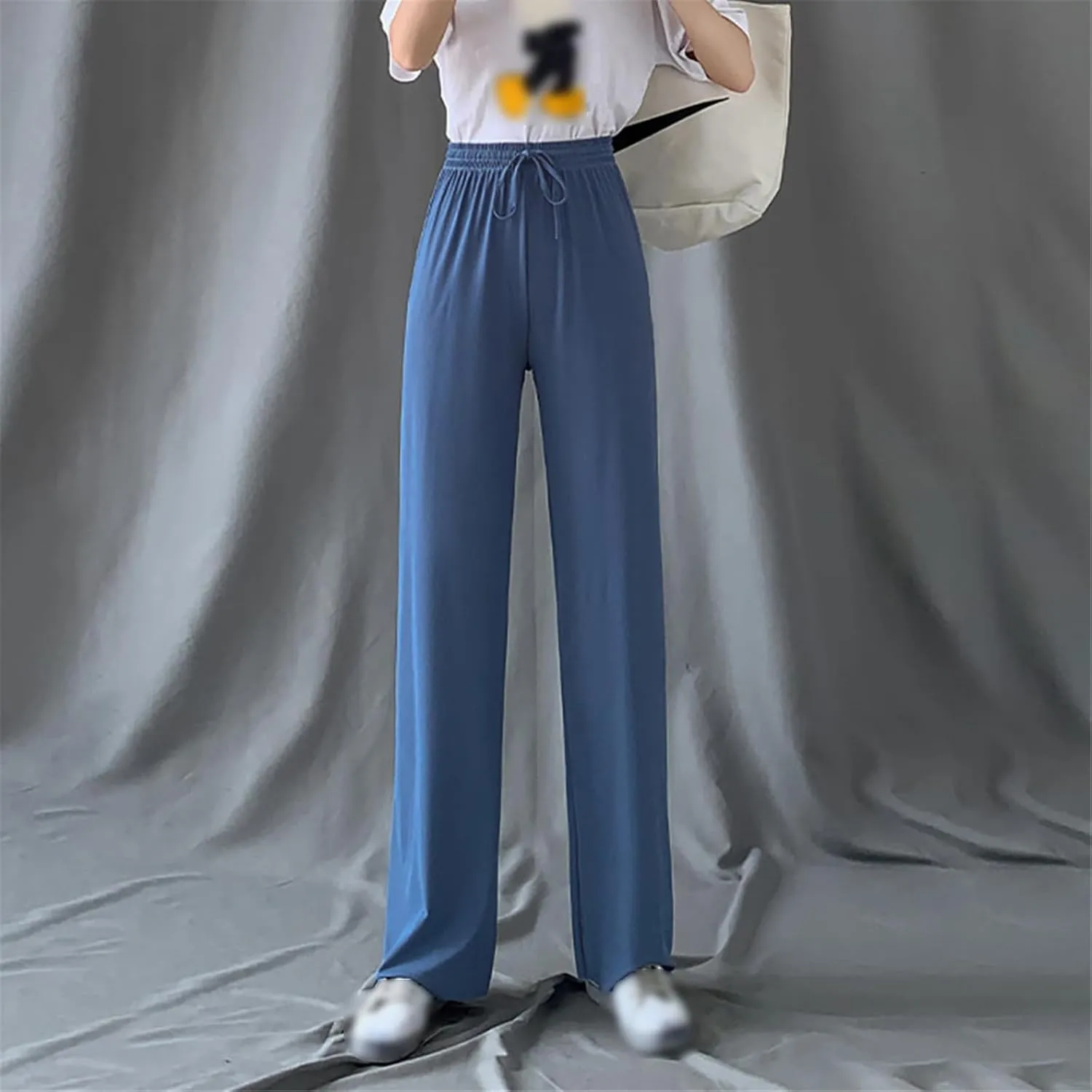 Women Pants Spring Summer Ice Silk Wide Leg Pants High Waist Casual Female Slim Loose Straight Black Trousers