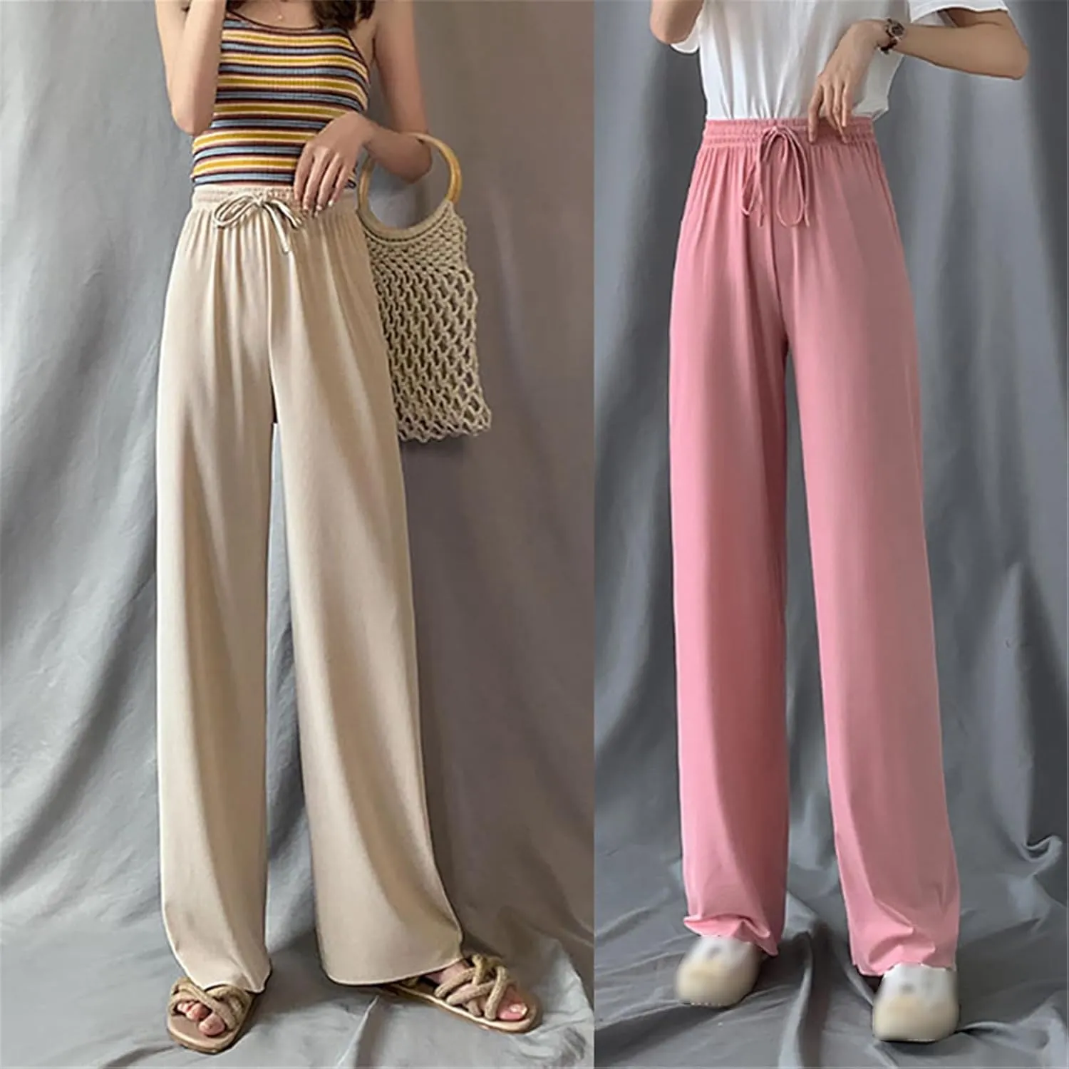 Women Pants Spring Summer Ice Silk Wide Leg Pants High Waist Casual Female Slim Loose Straight Black Trousers