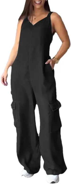 Women Solid Color Casual Casual Wide Leg Jumpsuits Loose Fit Sleeveless Jumpsuit with Pockets