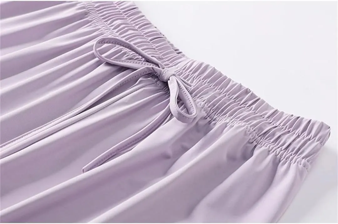 Women Summer Casual Thin Ice Silk High Waisted Wide Leg Pants Straight Trousers