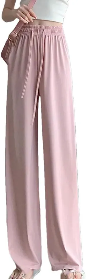Women Summer Casual Thin Ice Silk High Waisted Wide Leg Pants Straight Trousers