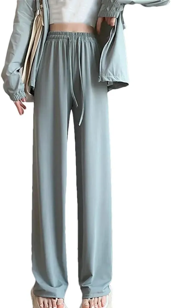 Women Summer Casual Thin Ice Silk High Waisted Wide Leg Pants Straight Trousers