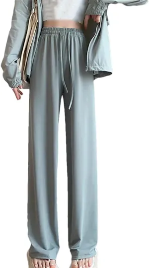 Women Summer Casual Thin Ice Silk High Waisted Wide Leg Pants Straight Trousers