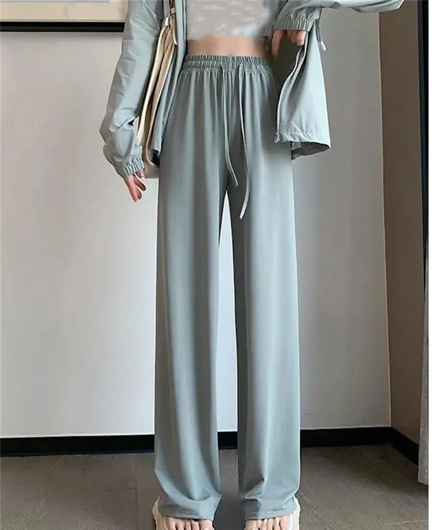 Women Summer Casual Thin Ice Silk High Waisted Wide Leg Pants Straight Trousers