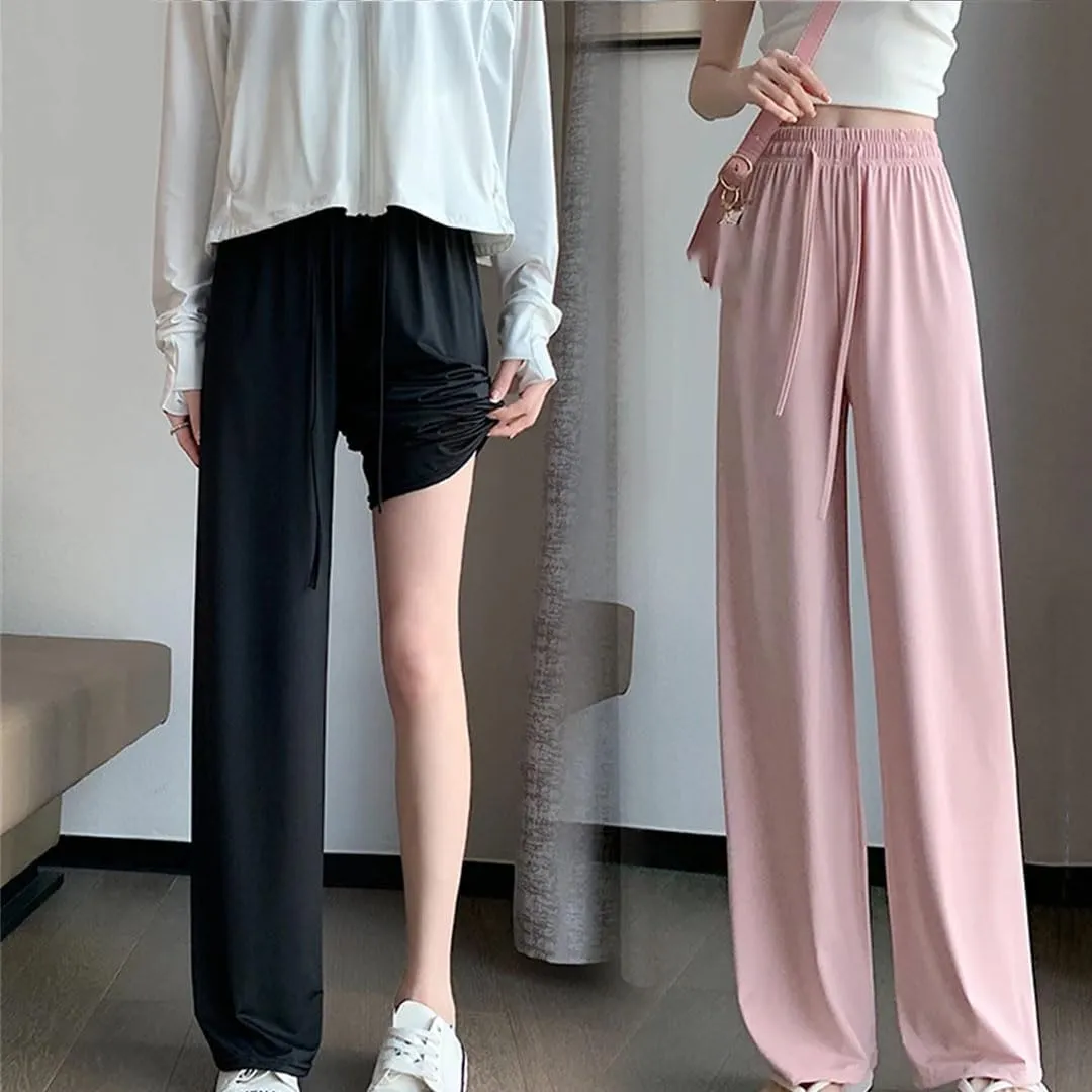 Women Summer Casual Thin Ice Silk High Waisted Wide Leg Pants Straight Trousers