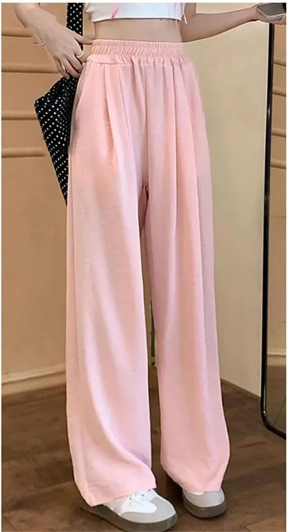 Women Summer Ice Silk Pants Baggy Elastic Straight Leg Trousers Female Wide Leg High Waisted Pants