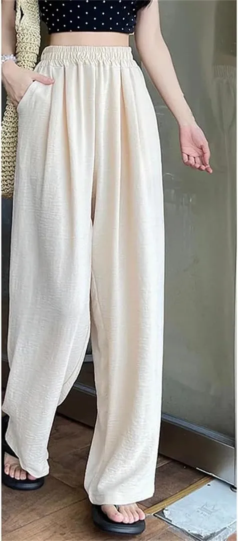 Women Summer Ice Silk Pants Baggy Elastic Straight Leg Trousers Female Wide Leg High Waisted Pants