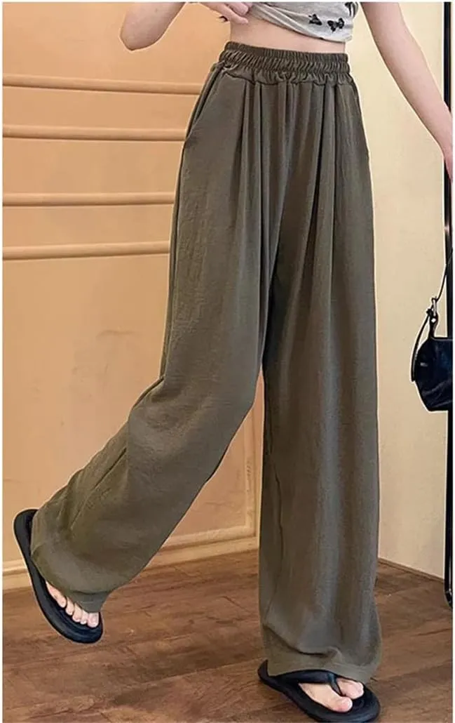 Women Summer Ice Silk Pants Baggy Elastic Straight Leg Trousers Female Wide Leg High Waisted Pants