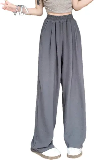 Women Summer Ice Silk Pants Baggy Elastic Straight Leg Trousers Female Wide Leg High Waisted Pants