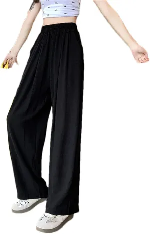 Women Summer Ice Silk Pants Baggy Elastic Straight Leg Trousers Female Wide Leg High Waisted Pants
