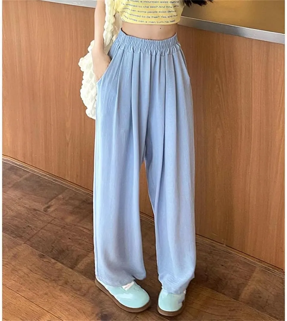 Women Summer Ice Silk Pants Baggy Elastic Straight Leg Trousers Female Wide Leg High Waisted Pants