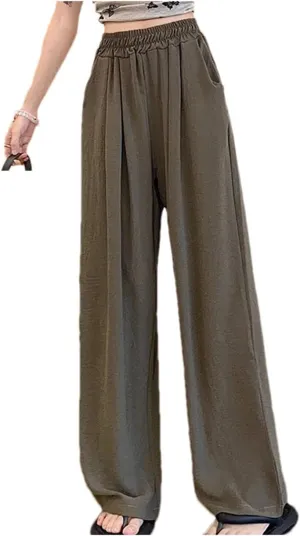 Women Summer Ice Silk Pants Baggy Elastic Straight Leg Trousers Female Wide Leg High Waisted Pants