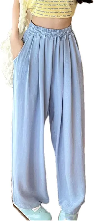 Women Summer Ice Silk Pants Baggy Elastic Straight Leg Trousers Female Wide Leg High Waisted Pants
