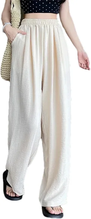 Women Summer Ice Silk Pants Baggy Elastic Straight Leg Trousers Female Wide Leg High Waisted Pants