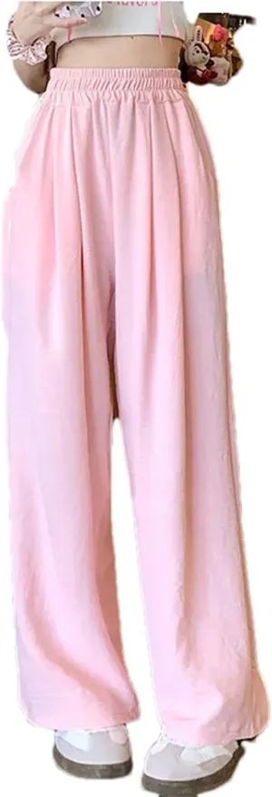 Women Summer Ice Silk Pants Baggy Elastic Straight Leg Trousers Female Wide Leg High Waisted Pants