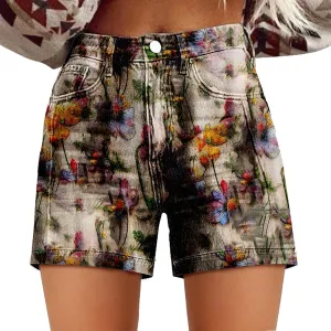Women Twill Shorts High Waisted Stretchy Casual Vintage Floral Print Summer Jean Trendy Shorts for Women with Pockets