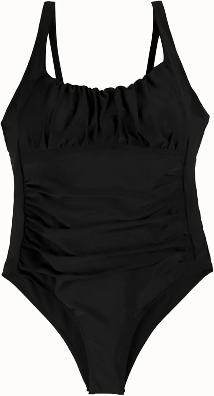 Women Vintage Ruched Push Up One Piece Swimsuit Tummy Control Bathing Suit Square Neck Swimwear High-Waisted Monokini