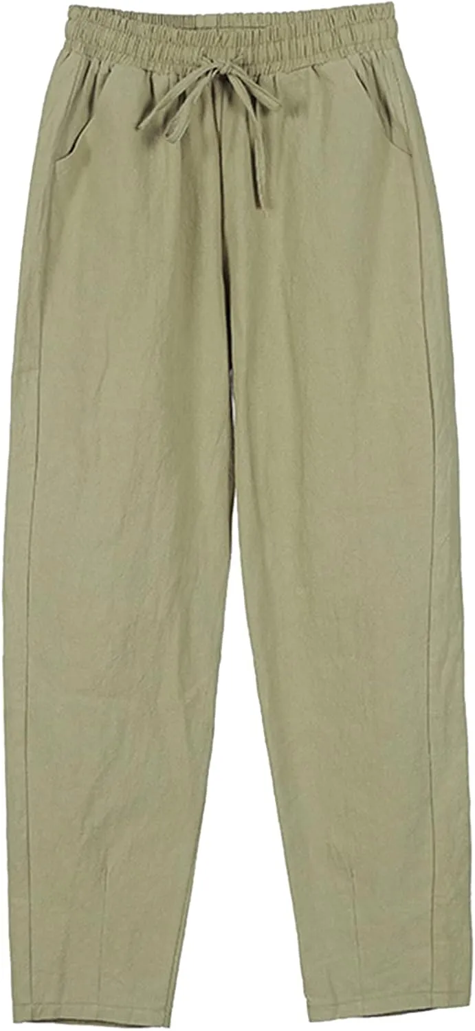 Women Wide Leg Linen Pant Summer Casual Pleated High Waist Drawstring Trouser Office Dress Tummy Control Trendy Pants