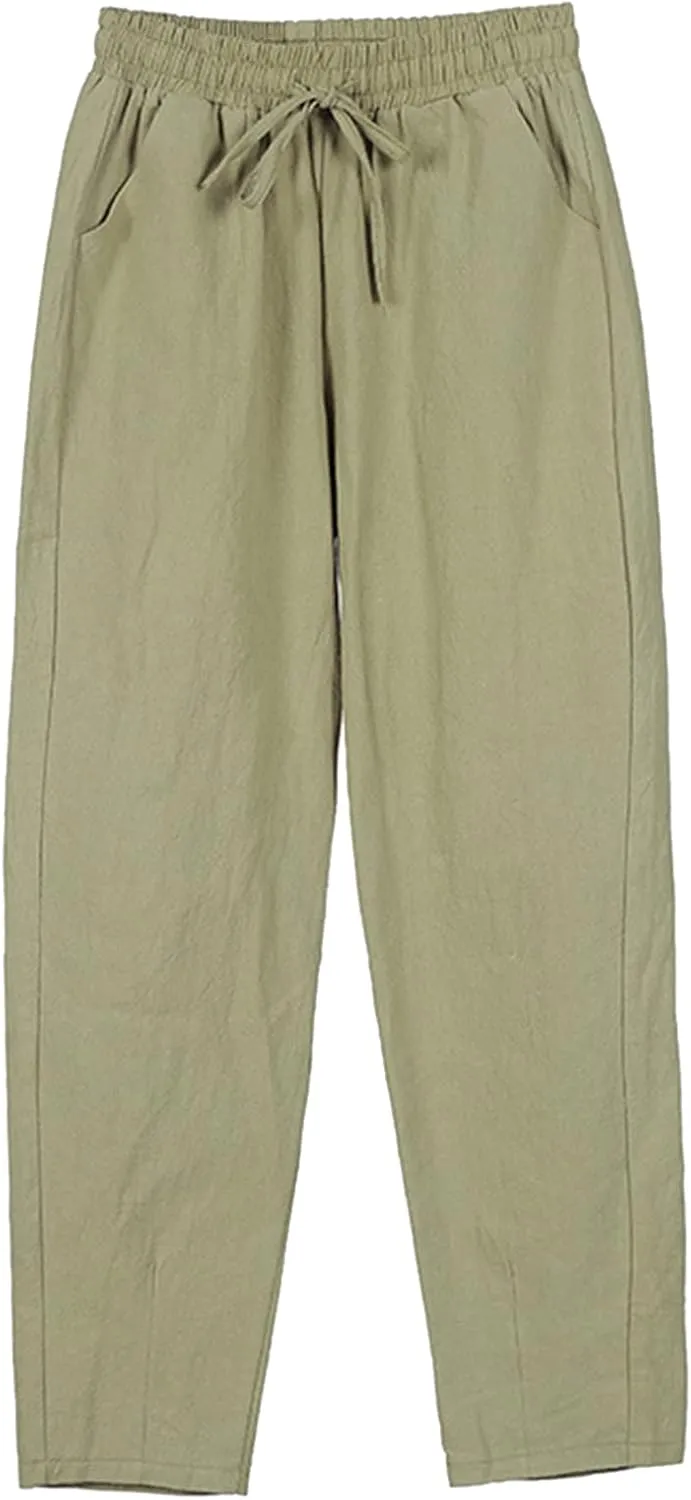 Women Wide Leg Linen Pant Summer Casual Pleated High Waist Drawstring Trouser Office Dress Tummy Control Trendy Pants