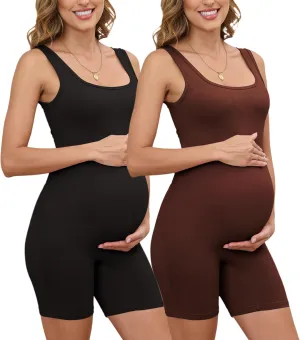 Women's 2 Piece Maternity Bodysuit Sleeveless Shorts Pregnancy Jumpsuit Square Neck Shapewear Romper Tank Top