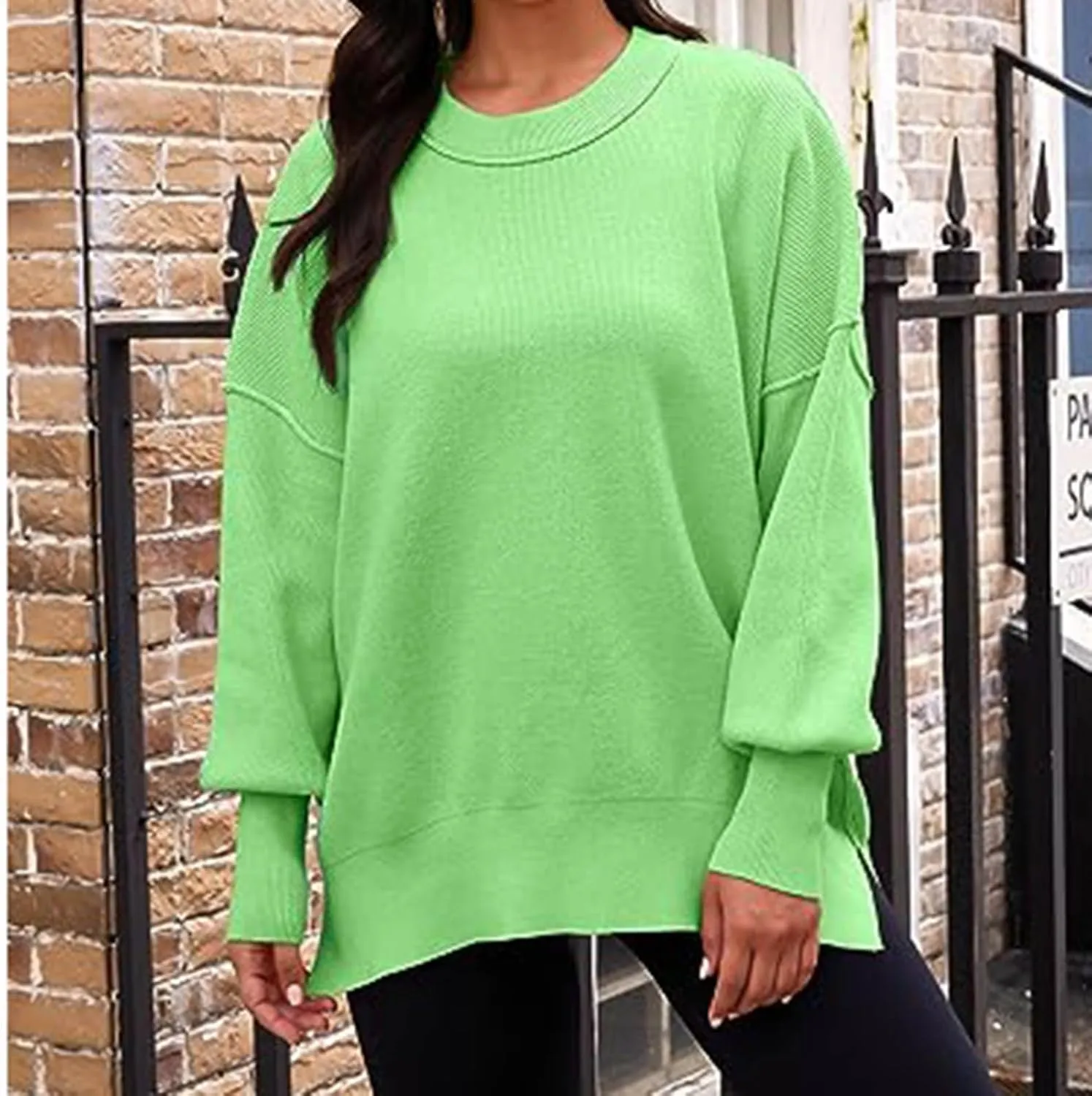 Womens 2023 Oversized Sweaters Batwing Long Sleeve Pullover Sweaters Side Slit Ribbed Knit Sweaters Jumper Tops