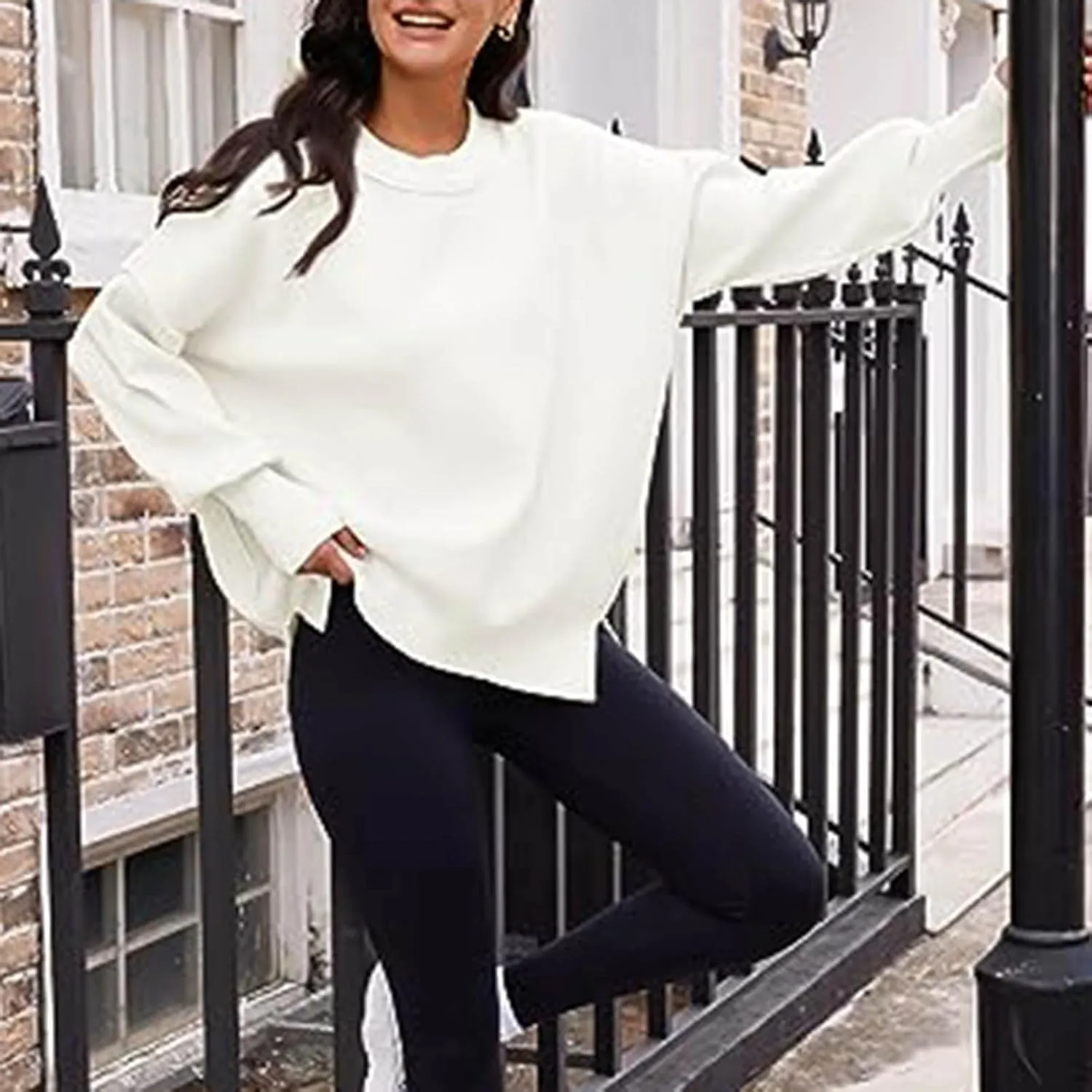 Womens 2023 Oversized Sweaters Batwing Long Sleeve Pullover Sweaters Side Slit Ribbed Knit Sweaters Jumper Tops