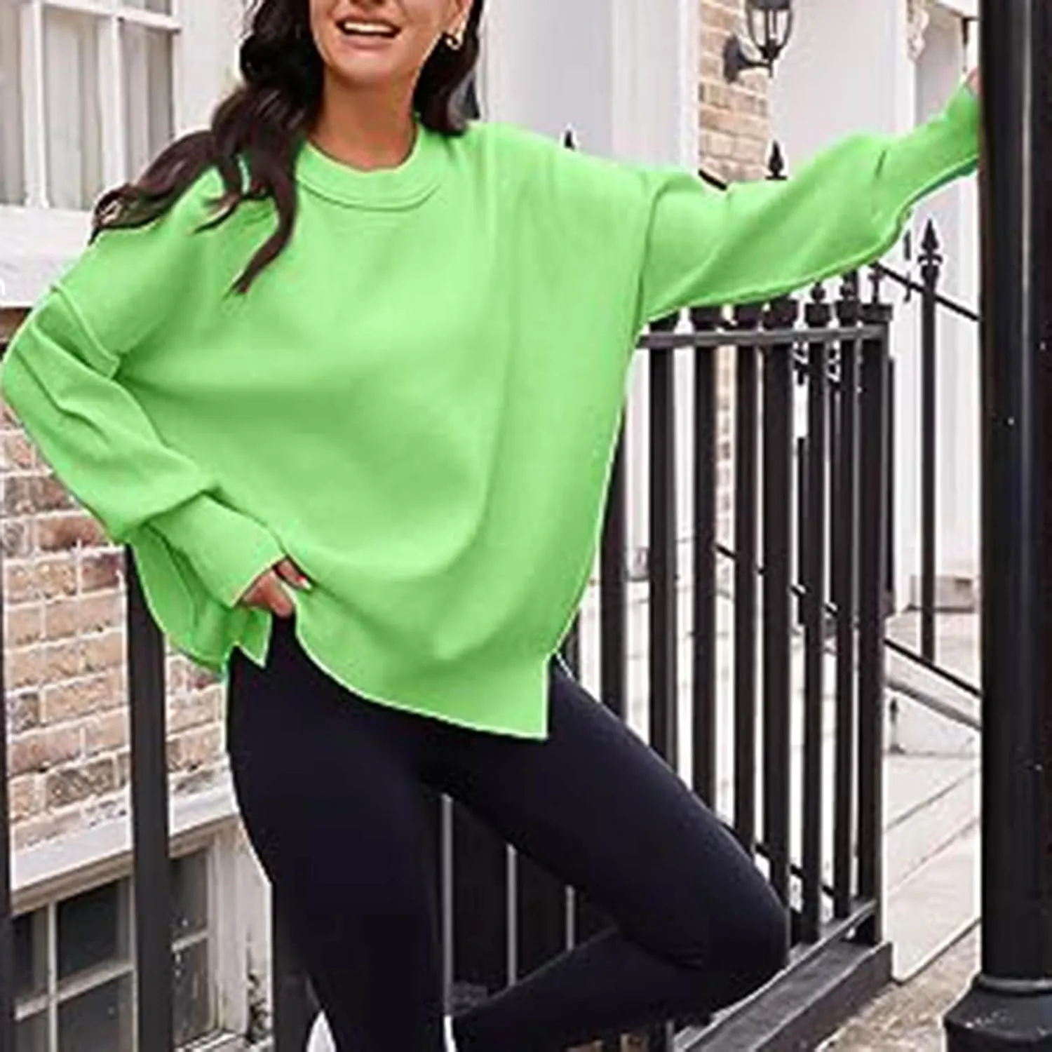 Womens 2023 Oversized Sweaters Batwing Long Sleeve Pullover Sweaters Side Slit Ribbed Knit Sweaters Jumper Tops