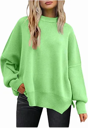 Womens 2023 Oversized Sweaters Batwing Long Sleeve Pullover Sweaters Side Slit Ribbed Knit Sweaters Jumper Tops