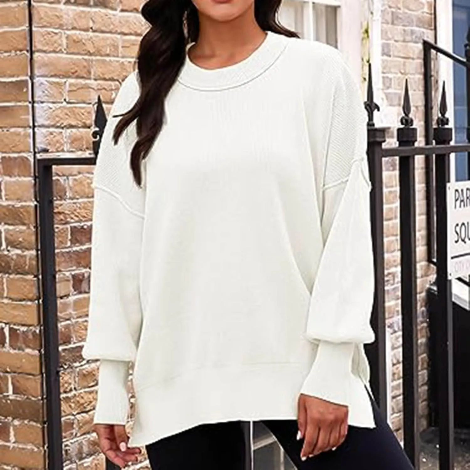 Womens 2023 Oversized Sweaters Batwing Long Sleeve Pullover Sweaters Side Slit Ribbed Knit Sweaters Jumper Tops