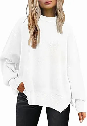 Womens 2023 Oversized Sweaters Batwing Long Sleeve Pullover Sweaters Side Slit Ribbed Knit Sweaters Jumper Tops