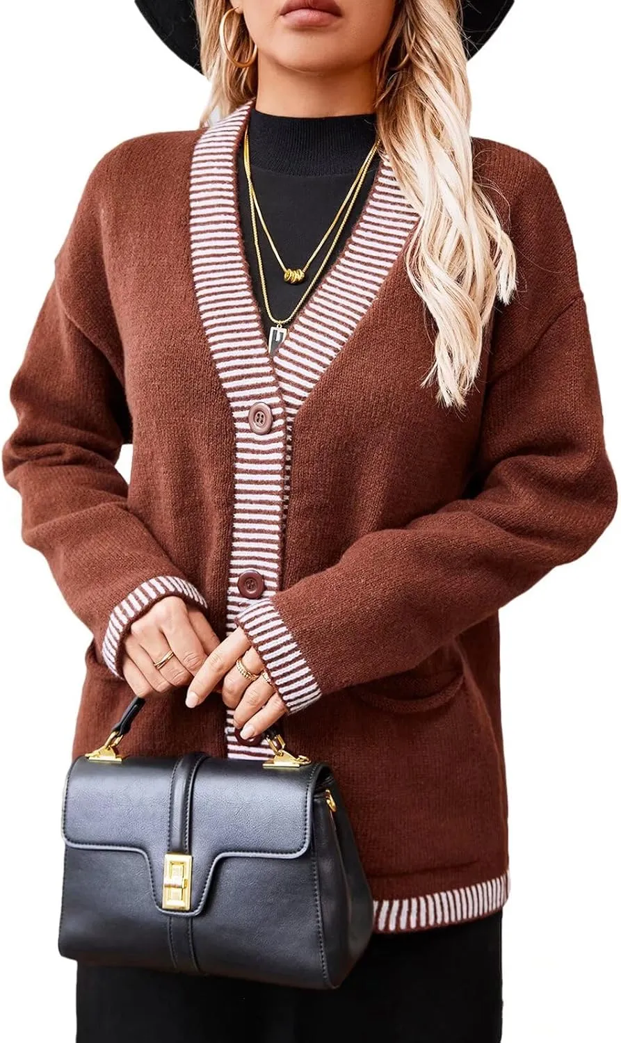 Women's Cardigan Knit Sweaters V Neck Button Long Sleeve Chunky Knit Top 2024 Fashion Coat with Pockets