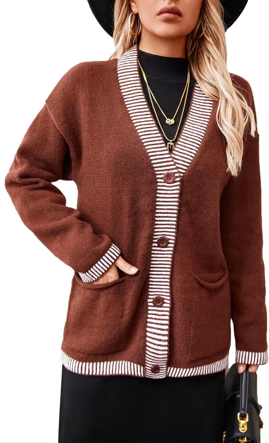Women's Cardigan Knit Sweaters V Neck Button Long Sleeve Chunky Knit Top 2024 Fashion Coat with Pockets