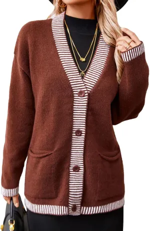 Women's Cardigan Knit Sweaters V Neck Button Long Sleeve Chunky Knit Top 2024 Fashion Coat with Pockets