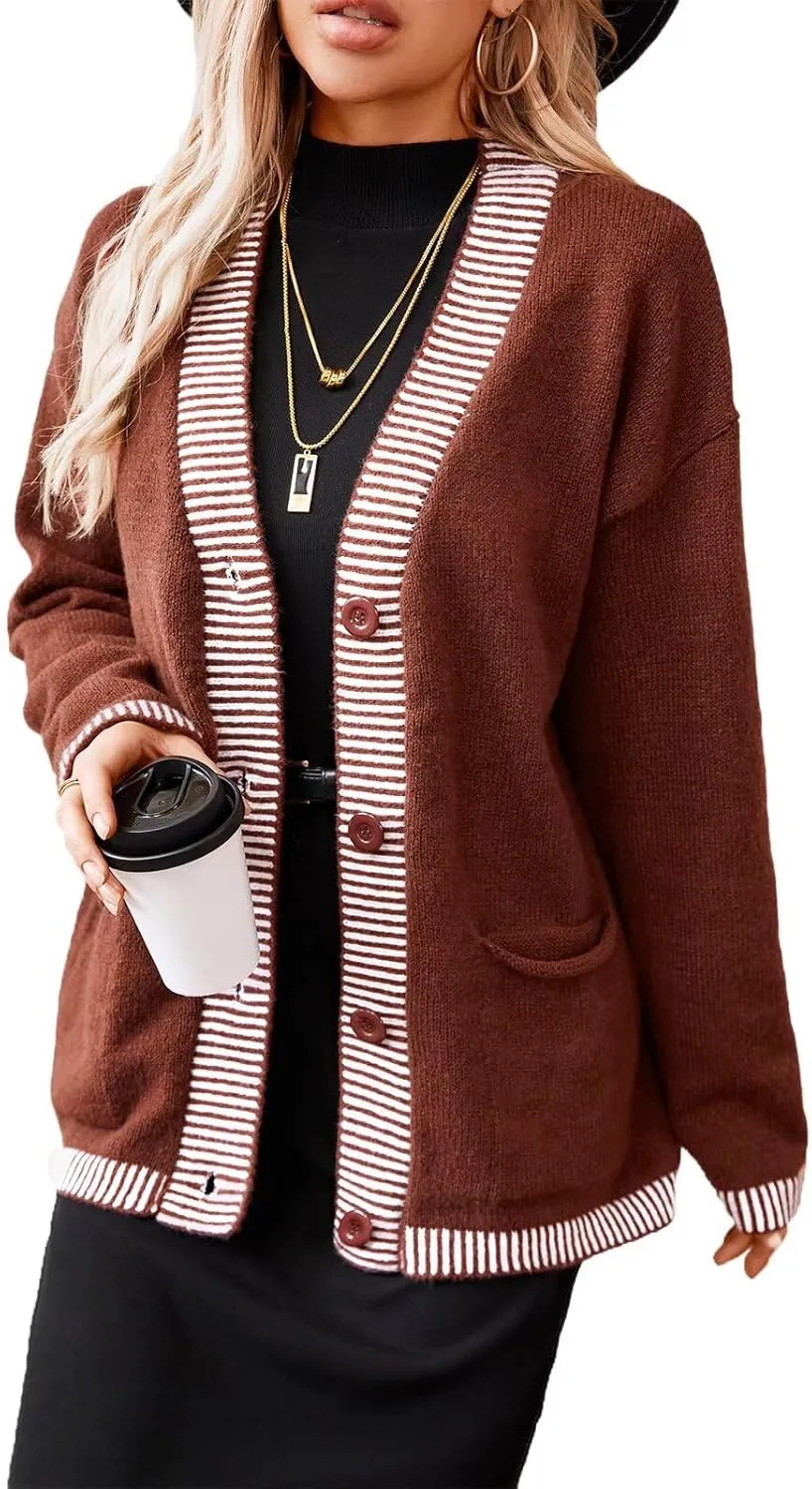 Women's Cardigan Knit Sweaters V Neck Button Long Sleeve Chunky Knit Top 2024 Fashion Coat with Pockets