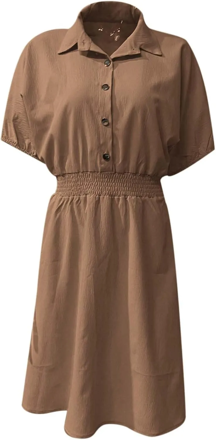Women's Casual Dresses Cute Preppy V Neck Puff Short Sleeve Empire Waist Short Funeral Dress Baby Shower Outfit for Guest