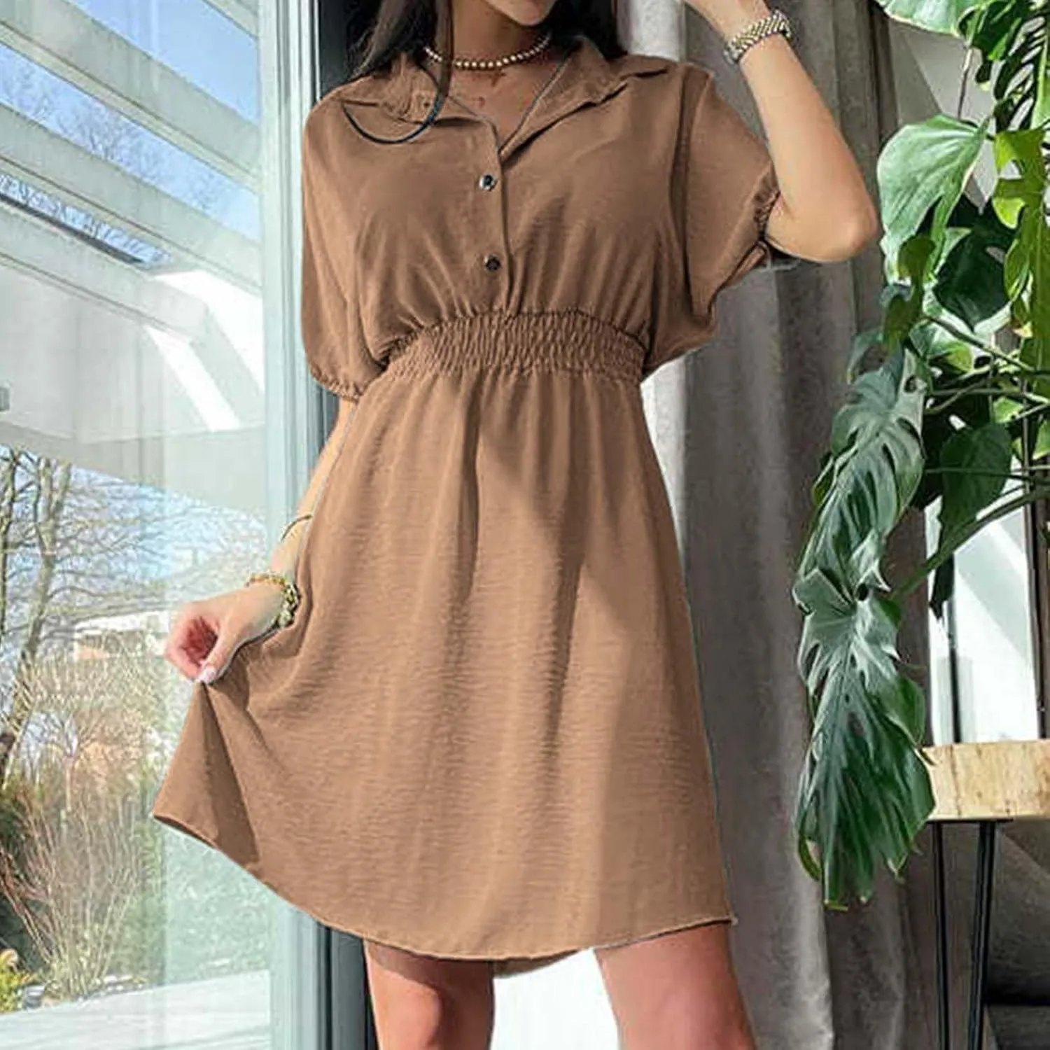 Women's Casual Dresses Cute Preppy V Neck Puff Short Sleeve Empire Waist Short Funeral Dress Baby Shower Outfit for Guest