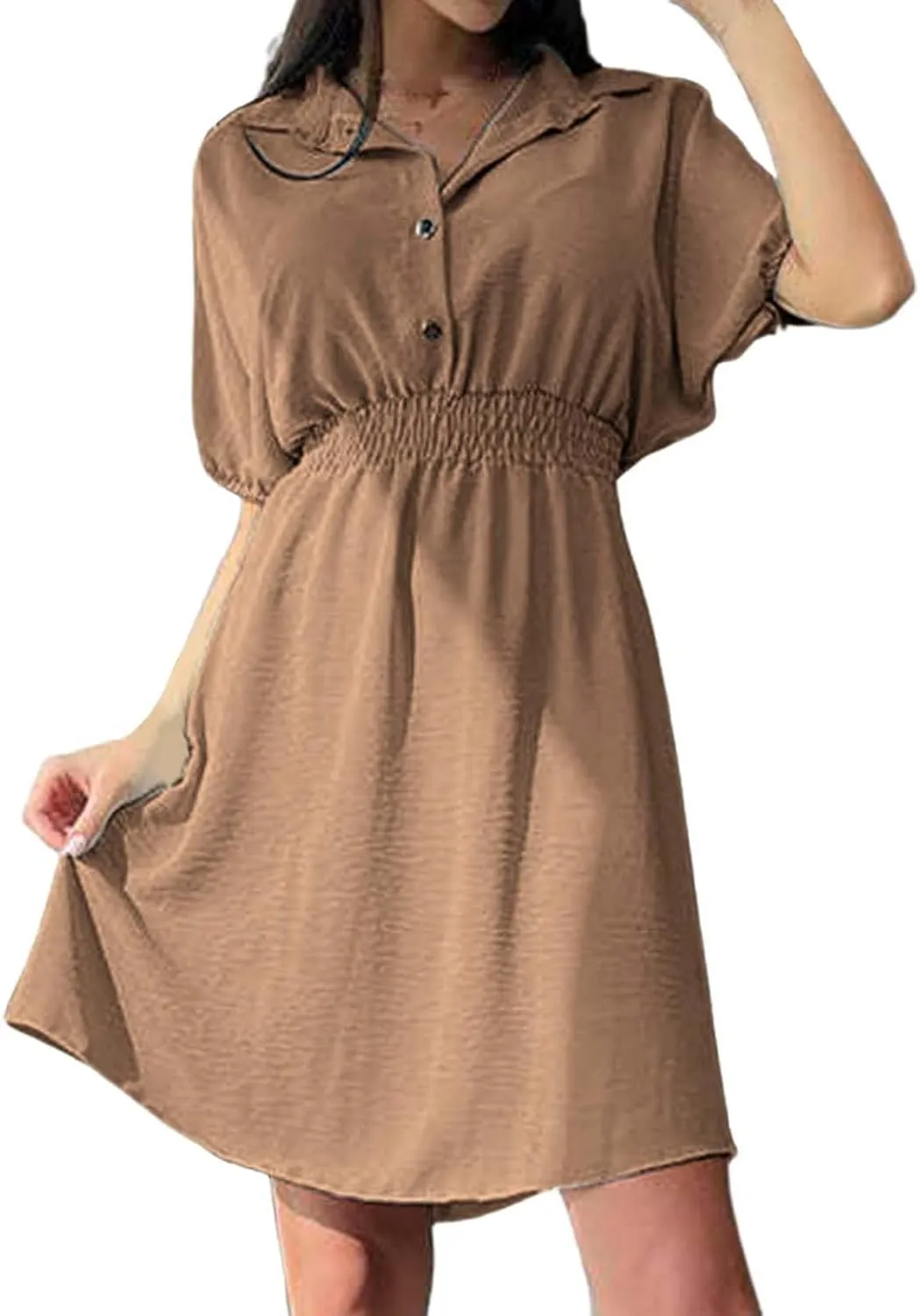 Women's Casual Dresses Cute Preppy V Neck Puff Short Sleeve Empire Waist Short Funeral Dress Baby Shower Outfit for Guest