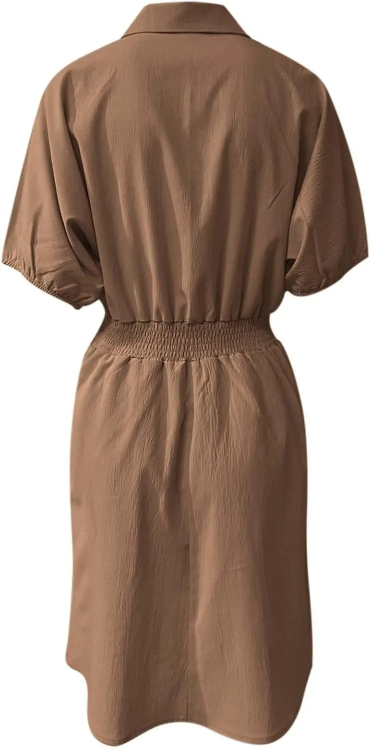 Women's Casual Dresses Cute Preppy V Neck Puff Short Sleeve Empire Waist Short Funeral Dress Baby Shower Outfit for Guest