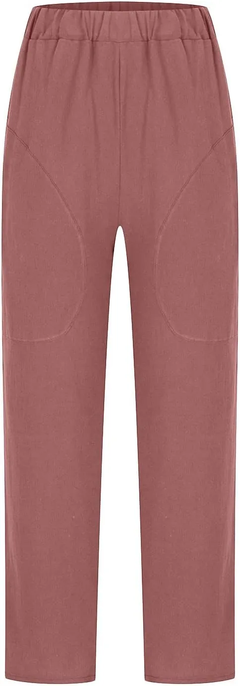 Womens Casual Loose Elastic Waist Trouser Cotton Lined Straight Leg Lounge Pants Fashion Plus Size Vacation Clothes